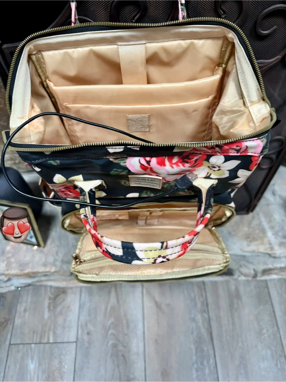 Floral Quilted Backpack Tote in Black and Pink Roses